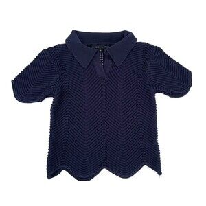 English Factory Scalloped Knit Polo Sweater S Navy Textured Coastal Quiet Luxury